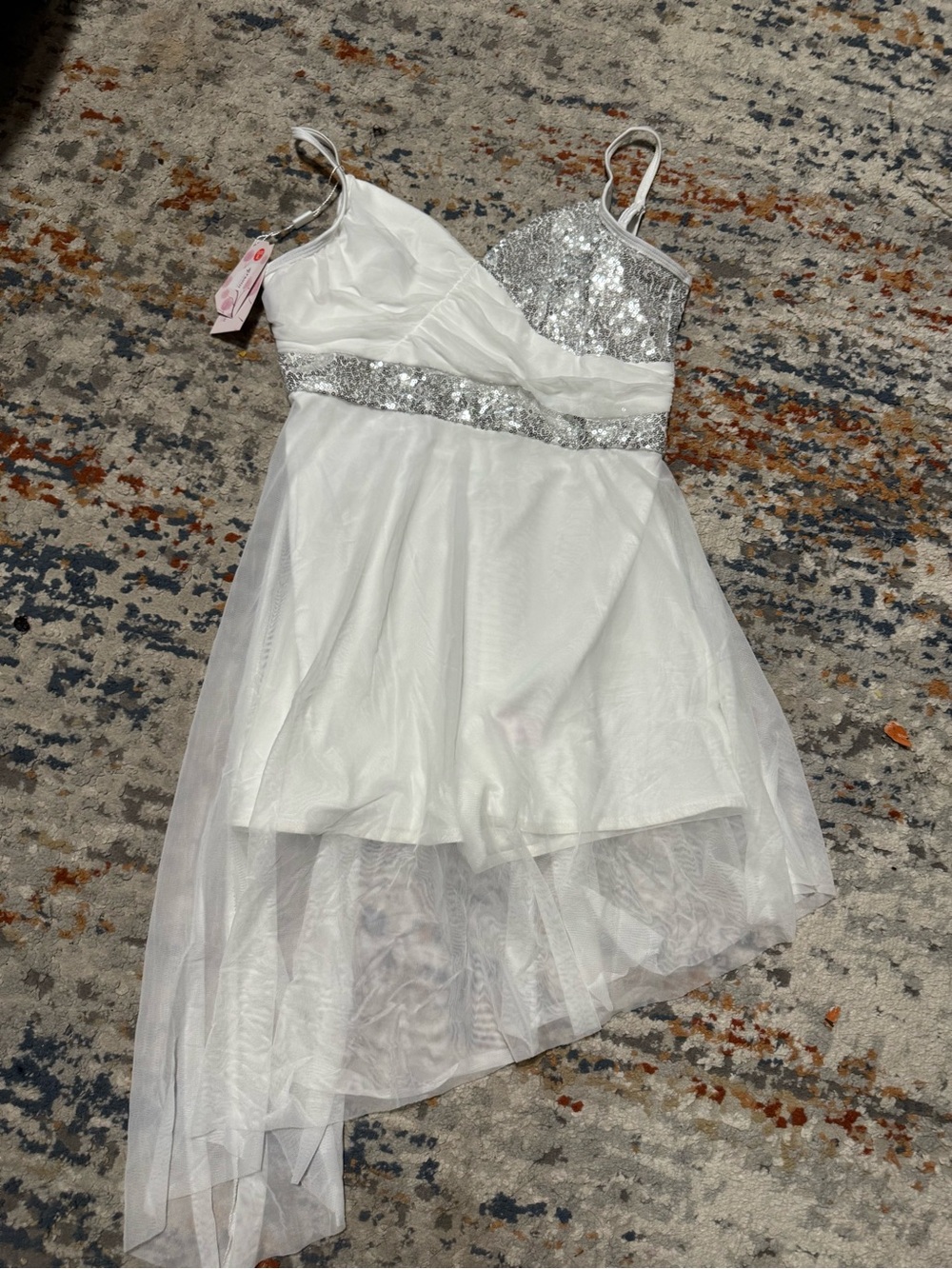 Girls White and Silver Sequin Asymmetrical Formal Dress